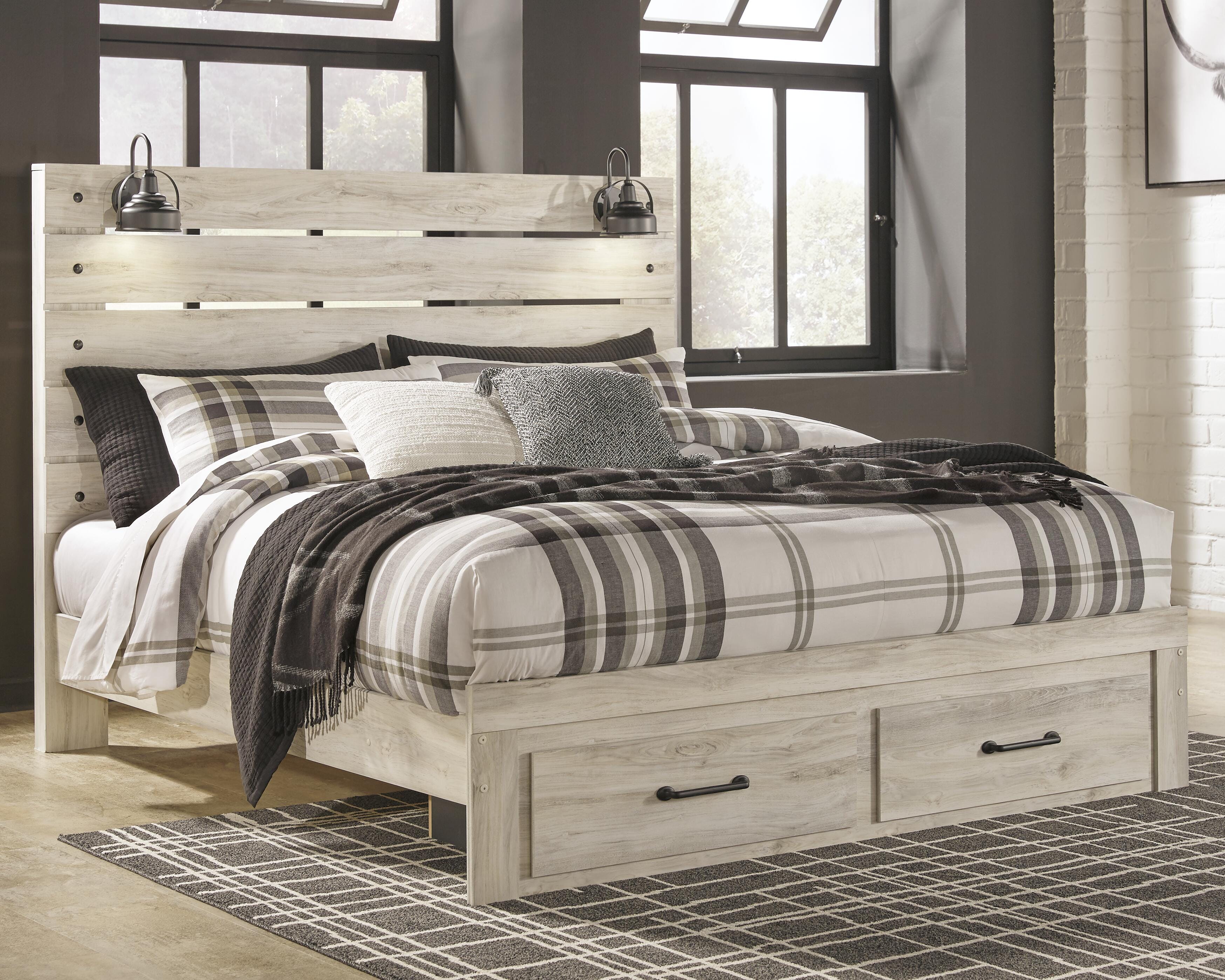 Averly Panel Bed with 2 Storage Drawers with Mirrored Dresser and Chest