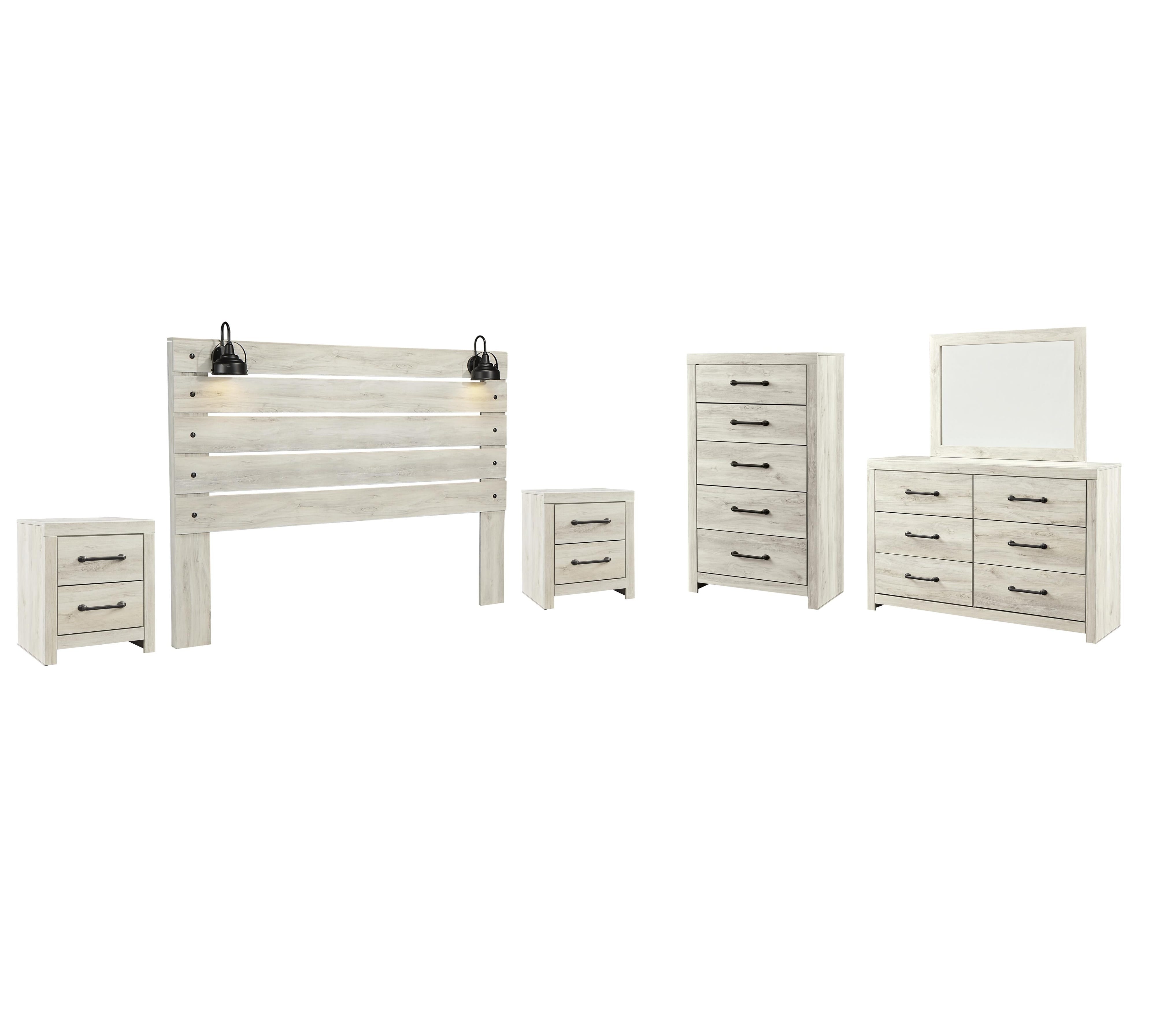 Cambeck Panel Headboard with Mirrored Dresser, Chest and 2 Nightstands