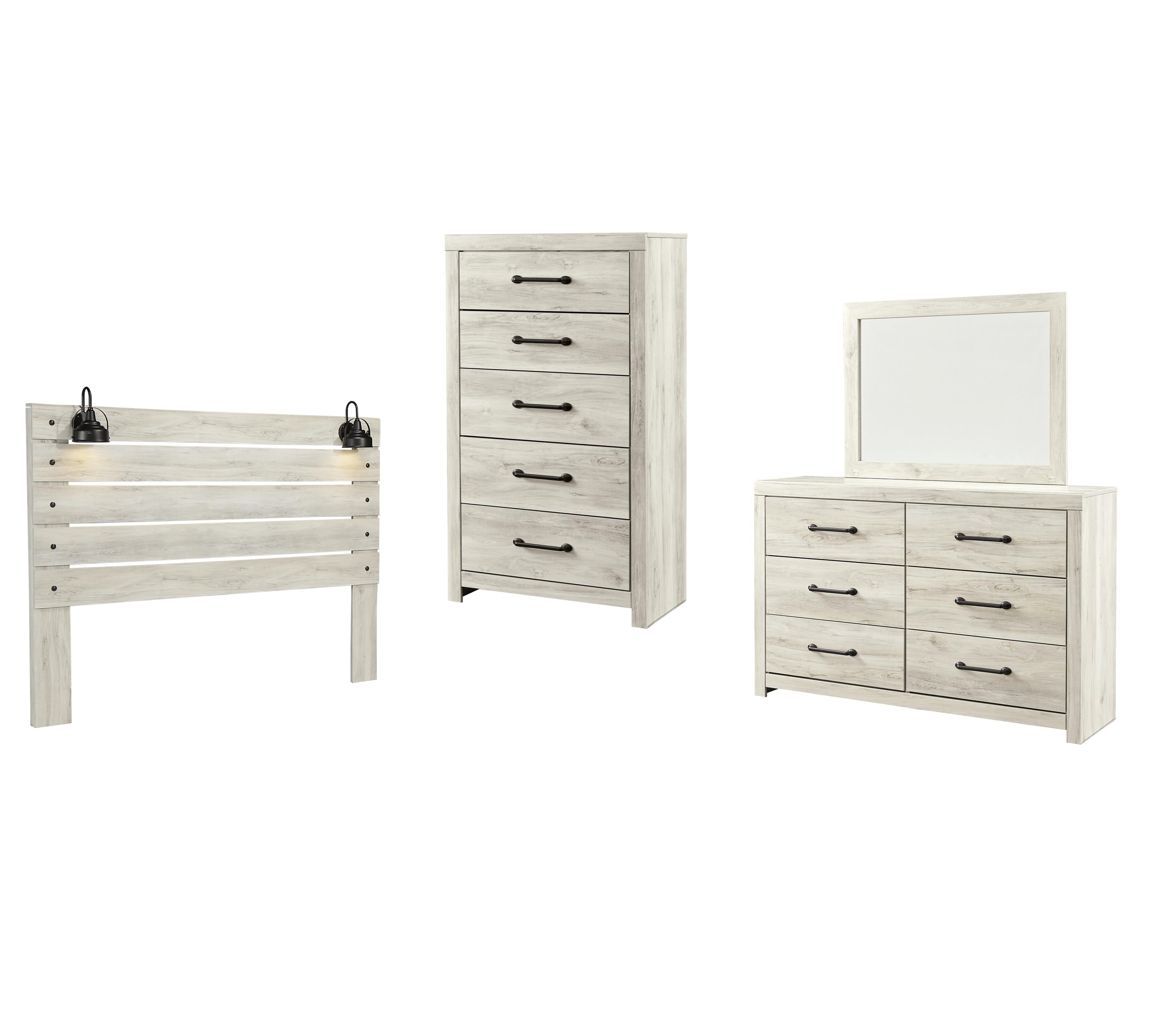 Cambeck Panel Headboard with Mirrored Dresser, Chest and Nightstand