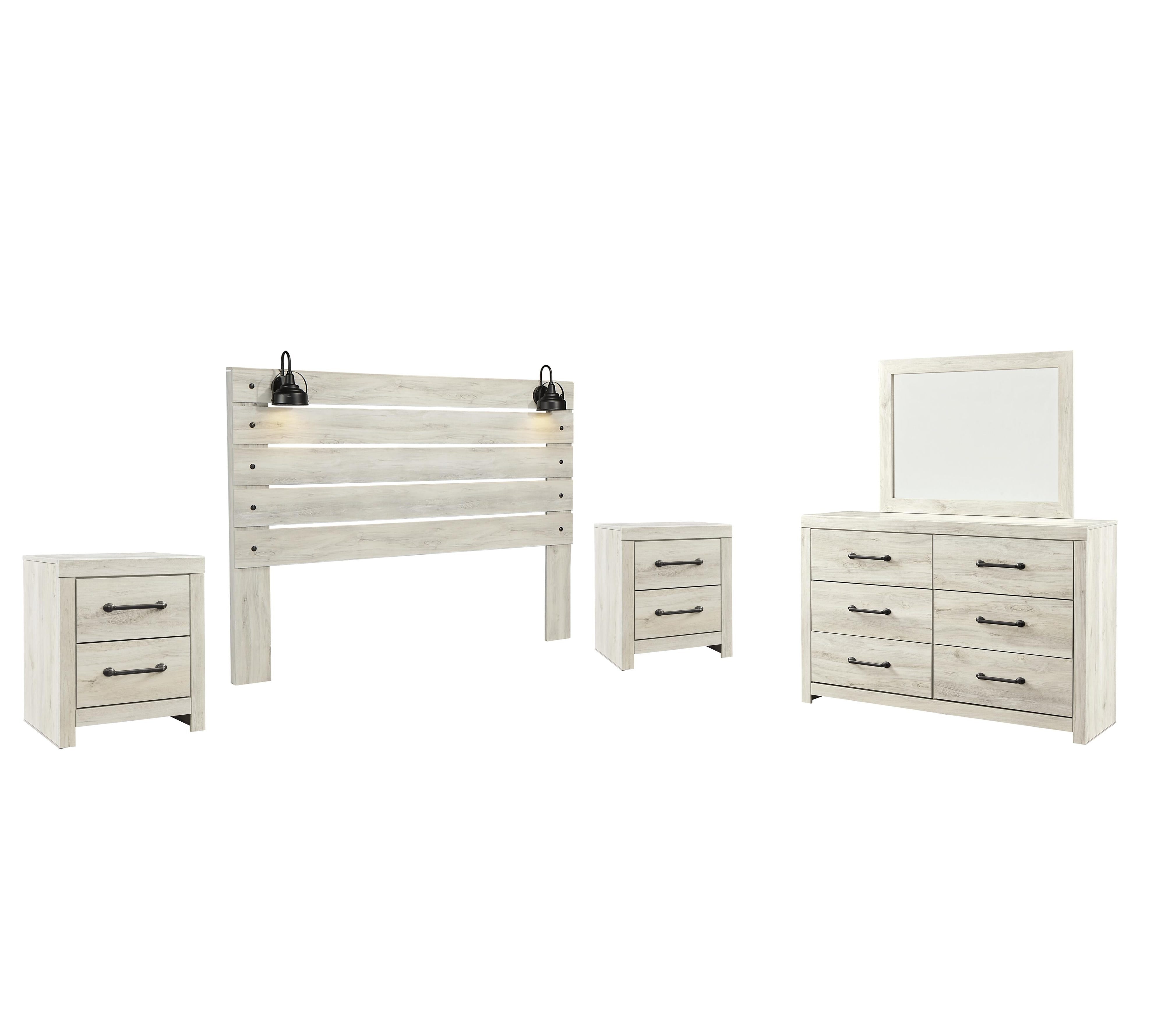 Cambeck Panel Headboard with Mirrored Dresser and 2 Nightstands
