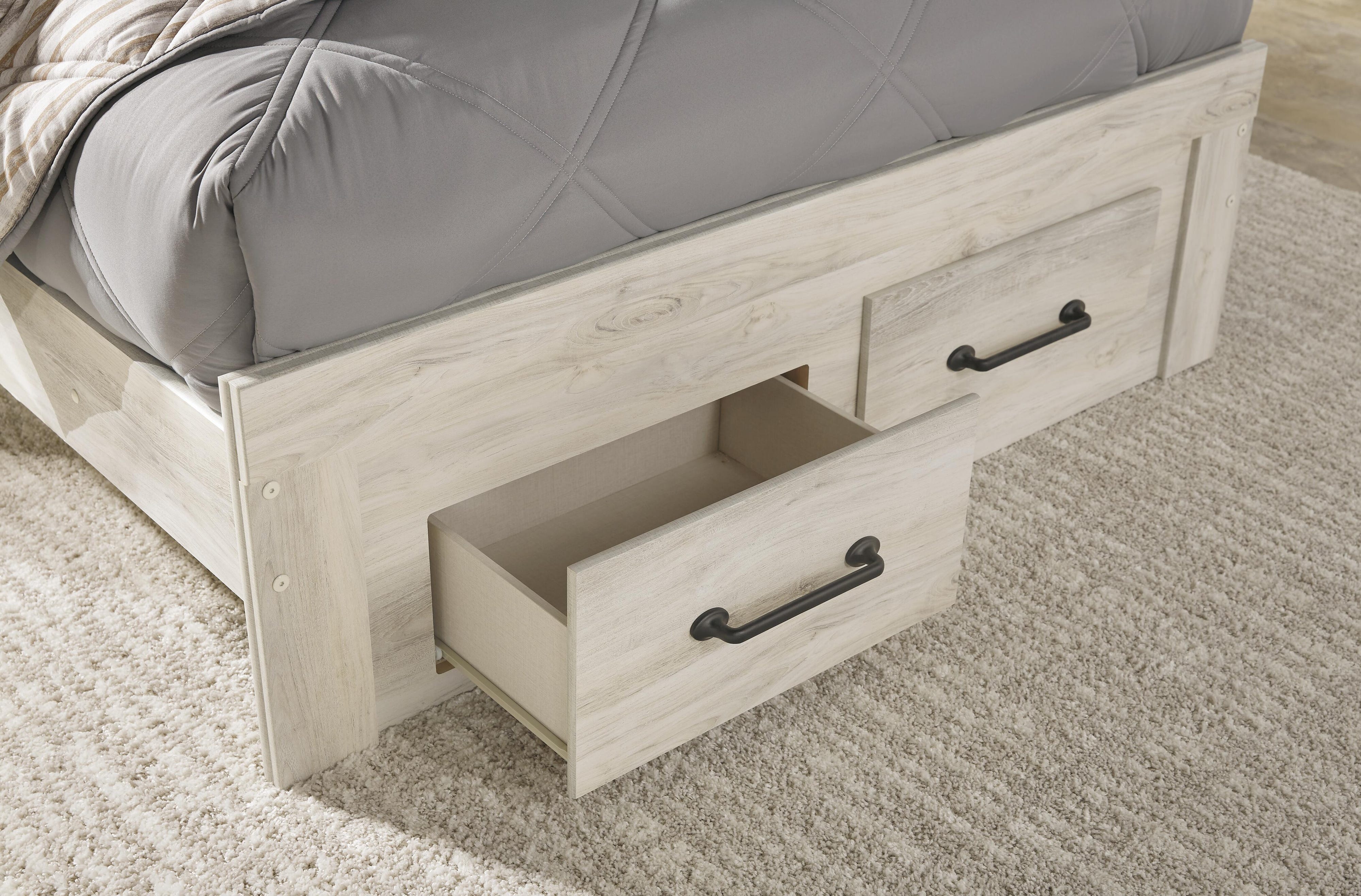Averly Panel Bed with 4 Storage Drawers with Mirrored Dresser, Chest and Nightstand