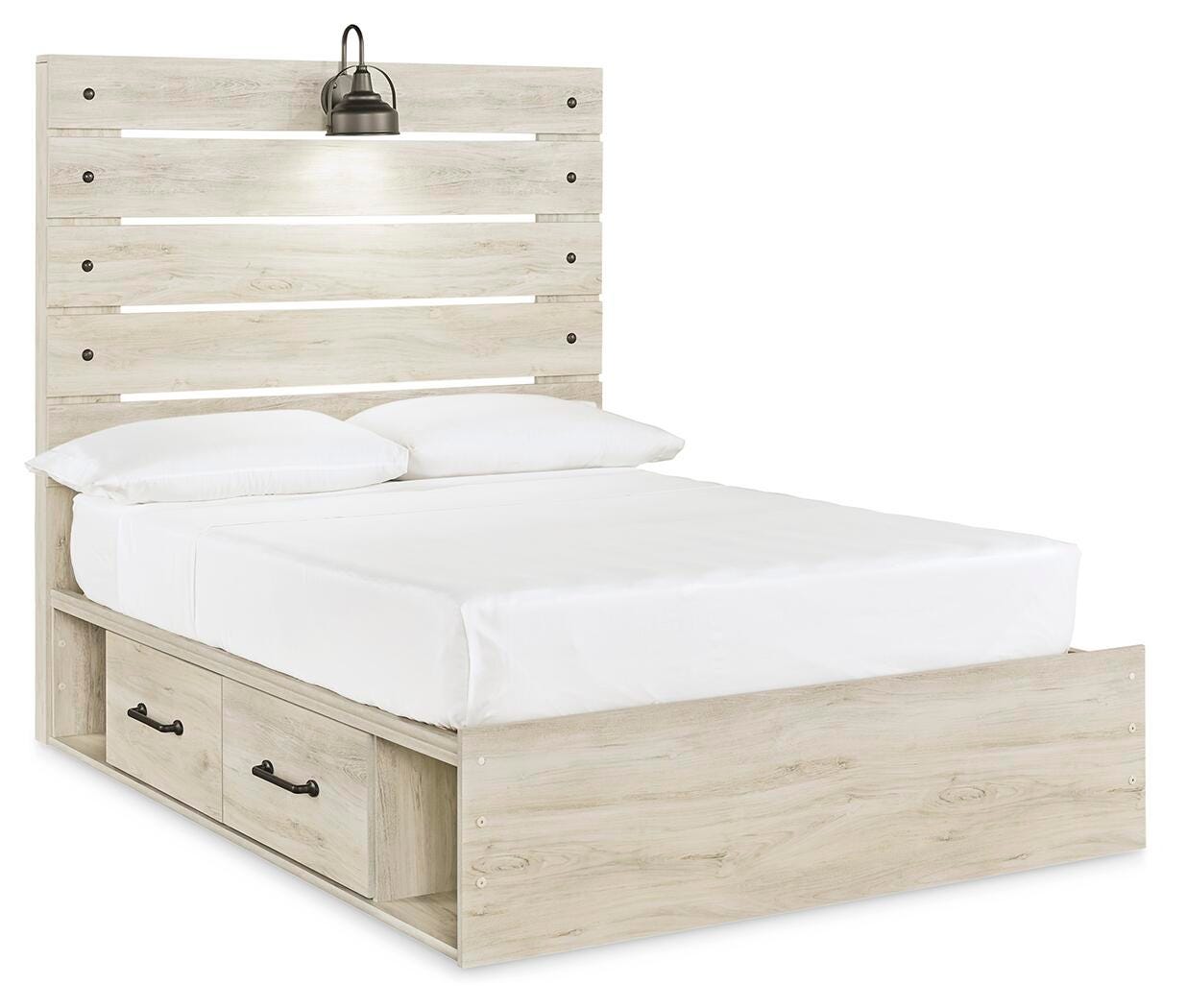Averly Panel Bed with 2 Storage Drawers with Mirrored Dresser and Chest