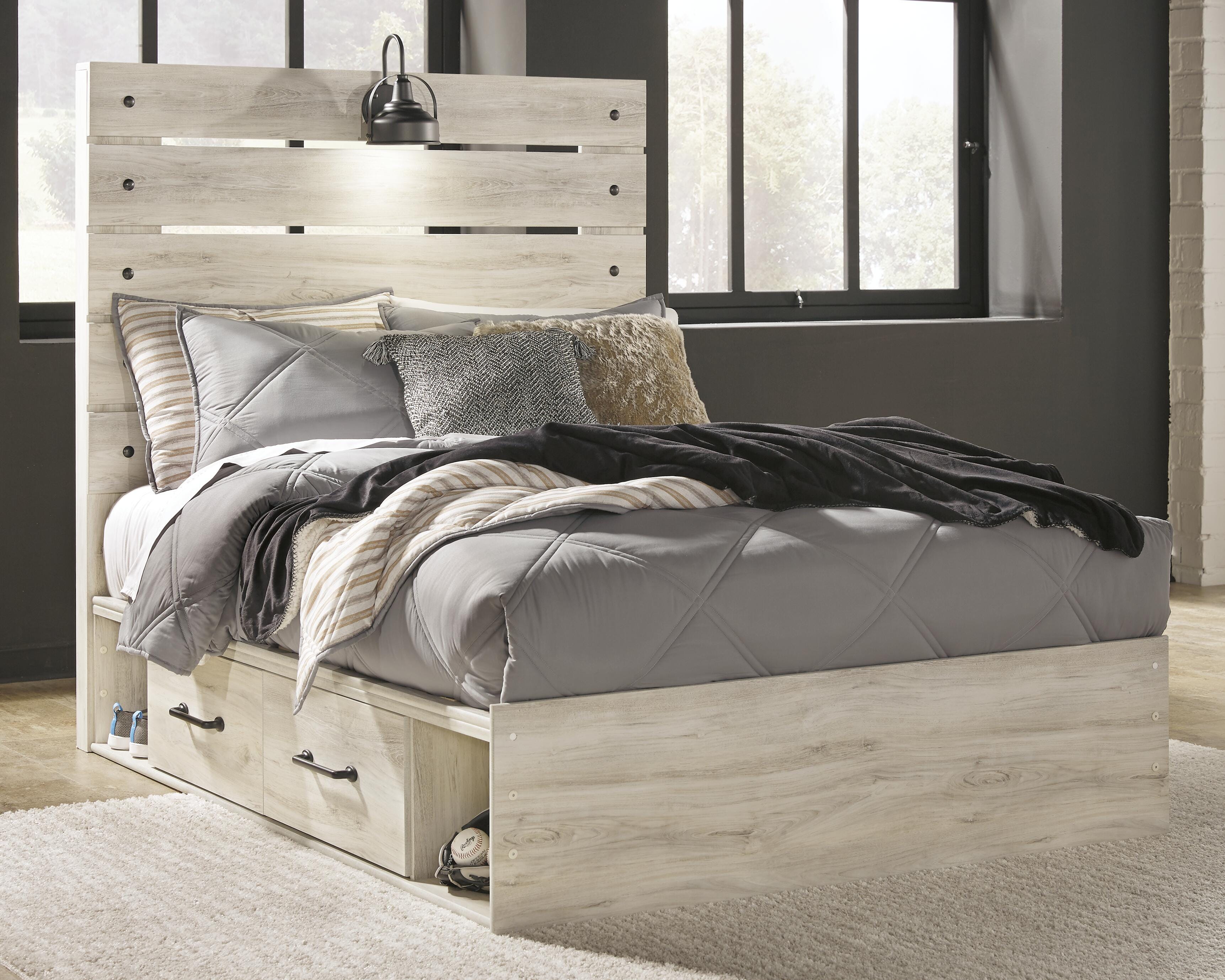 Cambeck Panel Bed with 4 Storage Drawers with Mirrored Dresser and 2 Nightstands