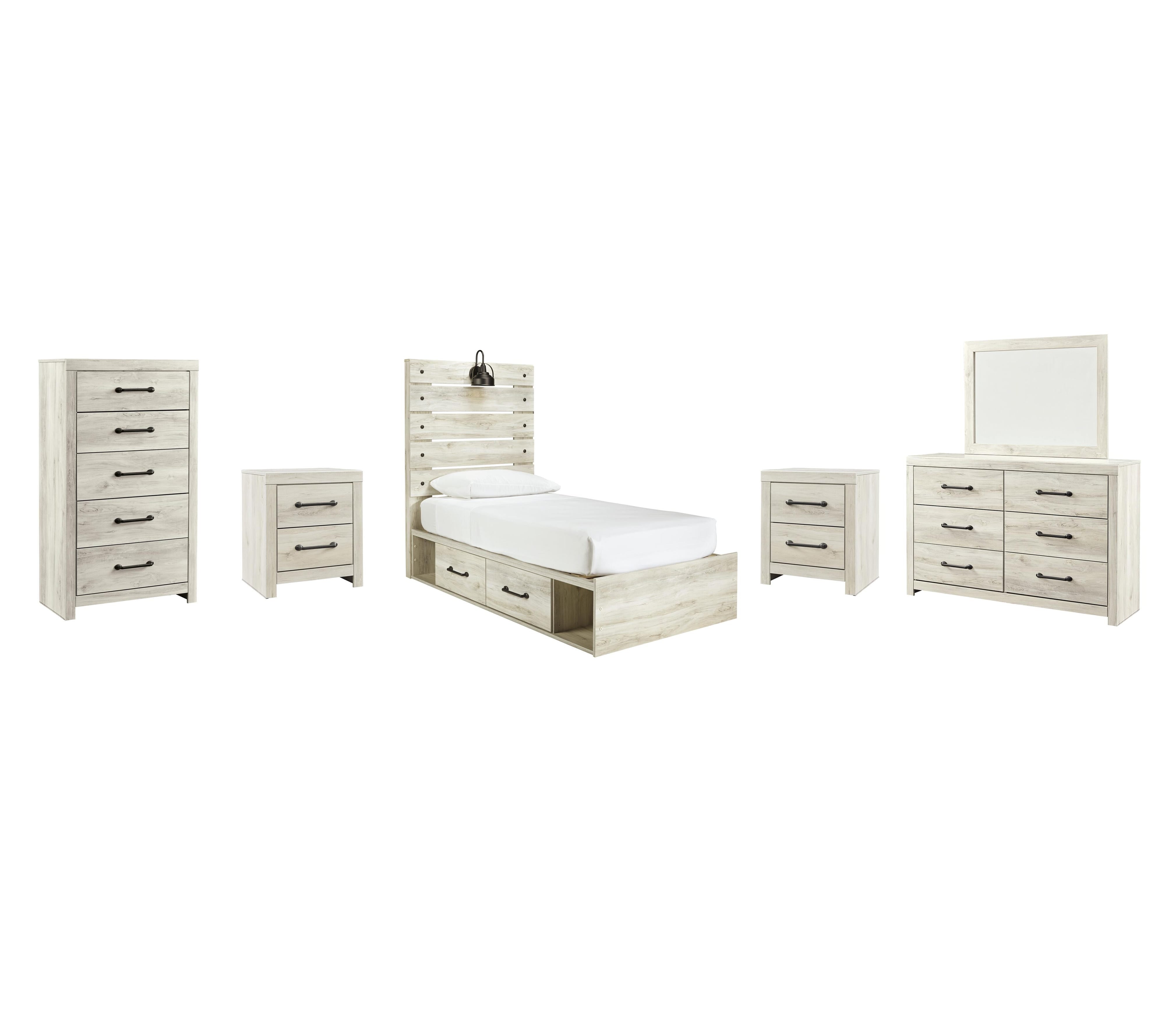 Averly Panel Bed with 2 Storage Drawers with Mirrored Dresser, Chest and 2 Nightstands