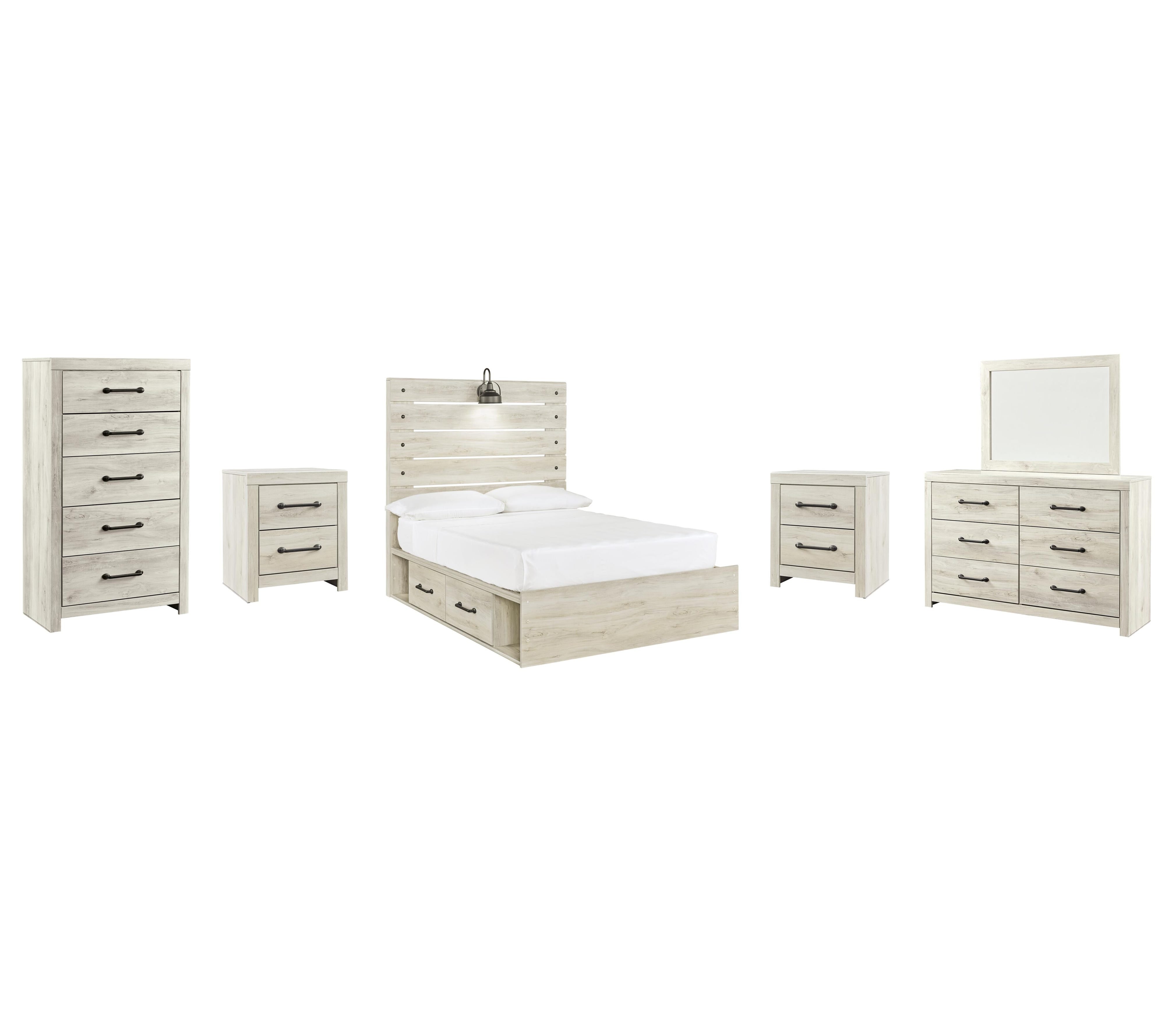 Averly Panel Bed with 2 Storage Drawers with Mirrored Dresser, Chest and 2 Nightstands