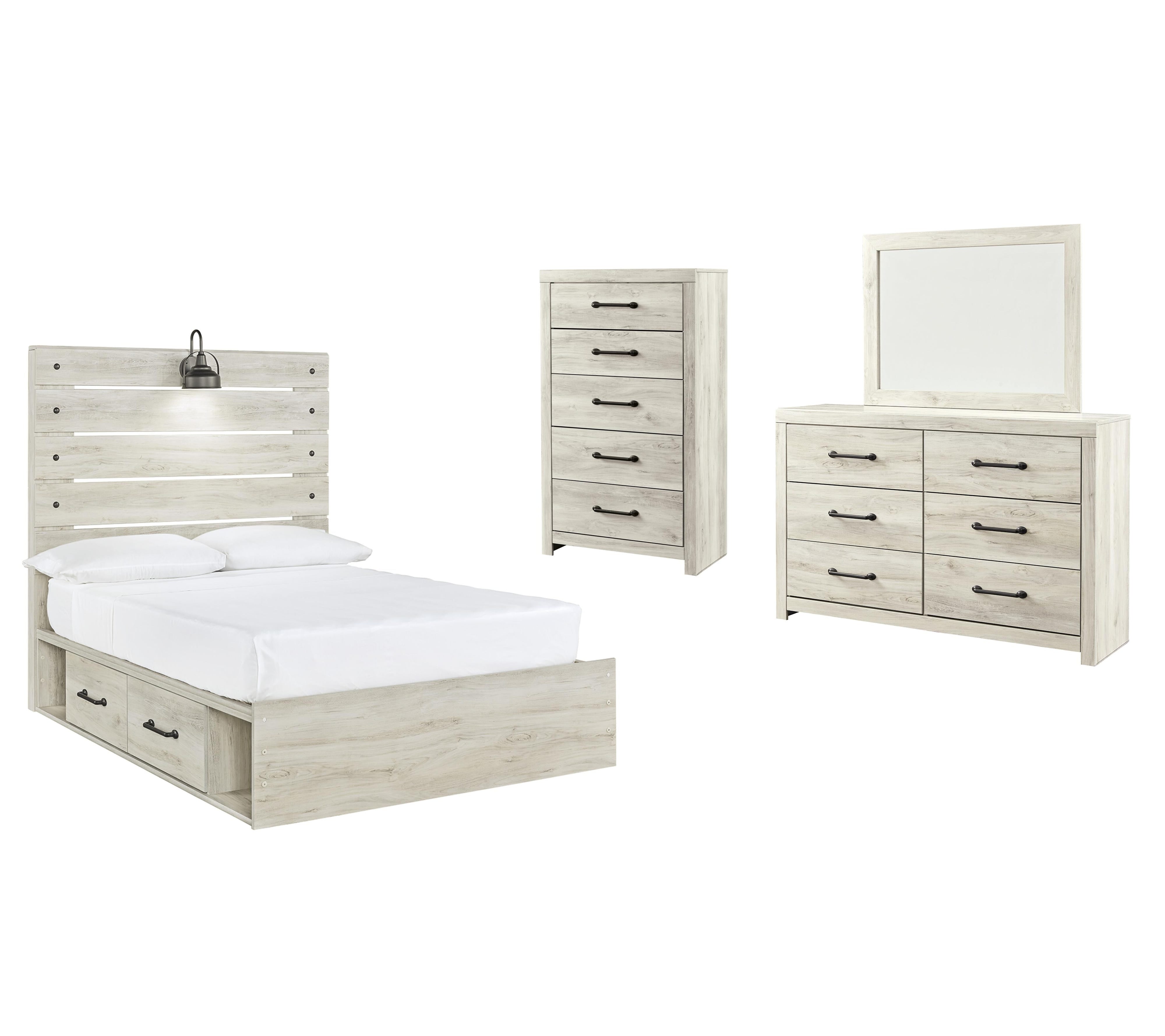 Cambeck Panel Bed with 2 Storage Drawers with Mirrored Dresser and Chest