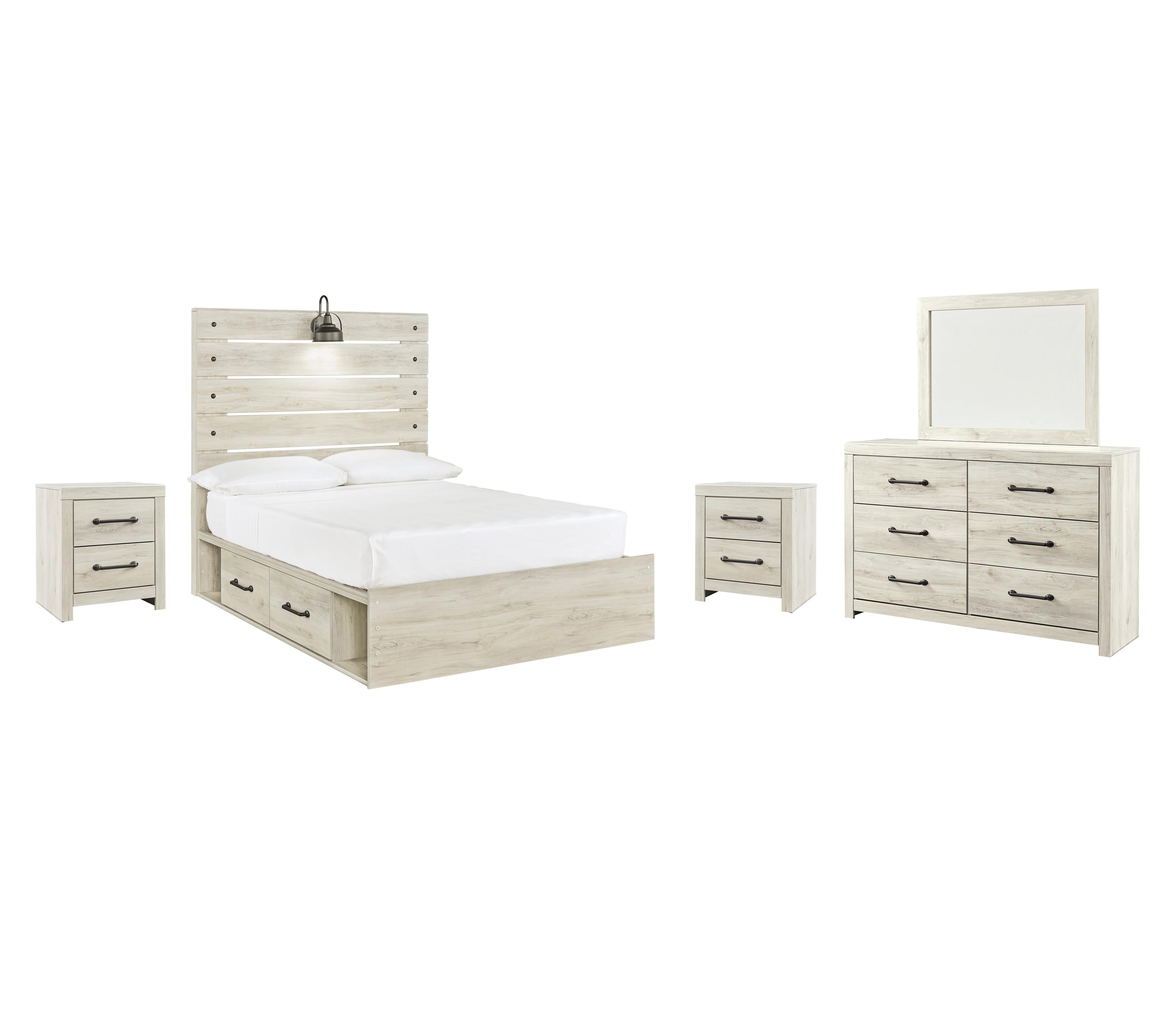 Averly Panel Bed with 2 Storage Drawers with Mirrored Dresser and 2 Nightstands