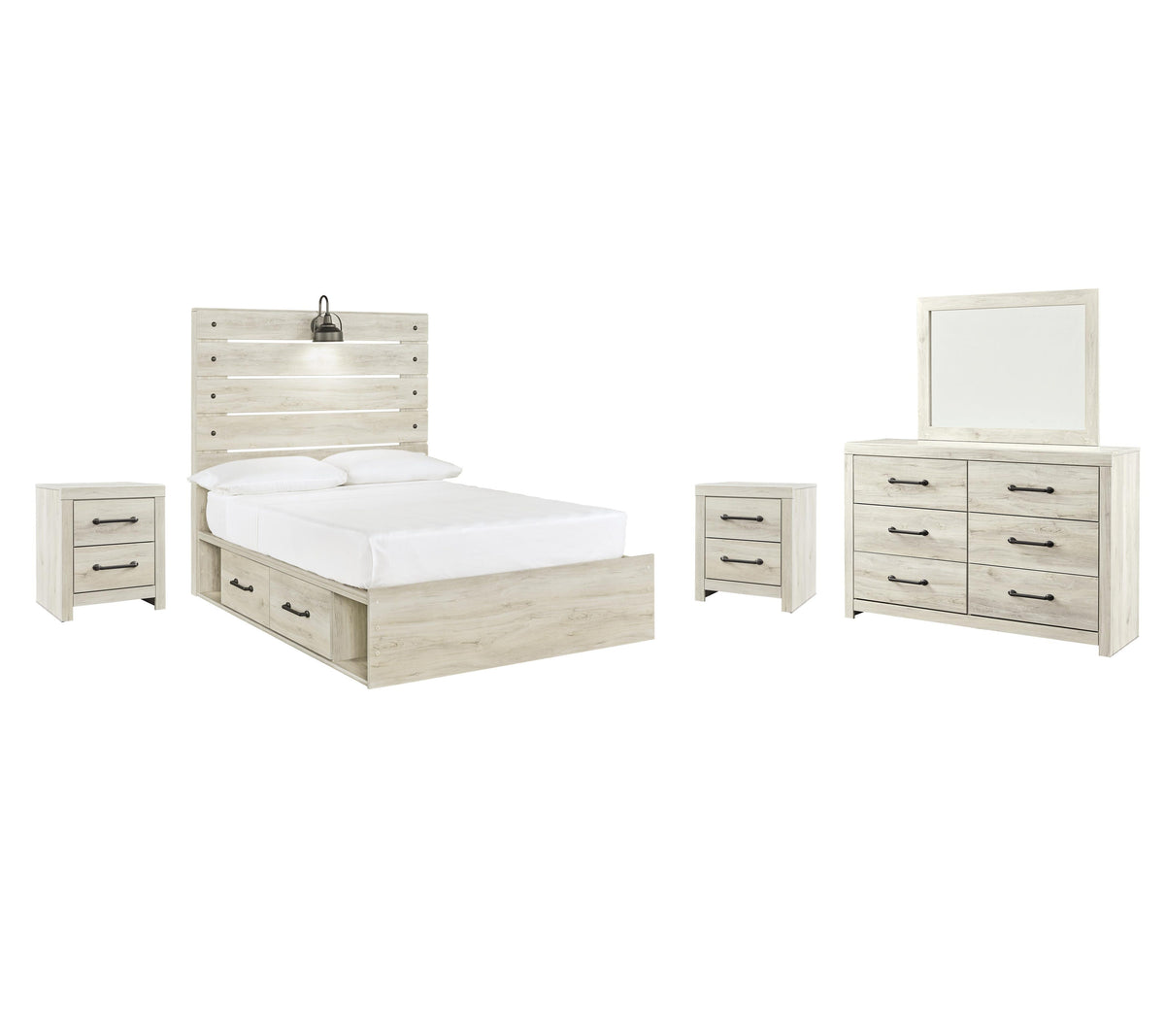 Averly Panel Bed with 2 Storage Drawers with Mirrored Dresser and 2 Nightstands