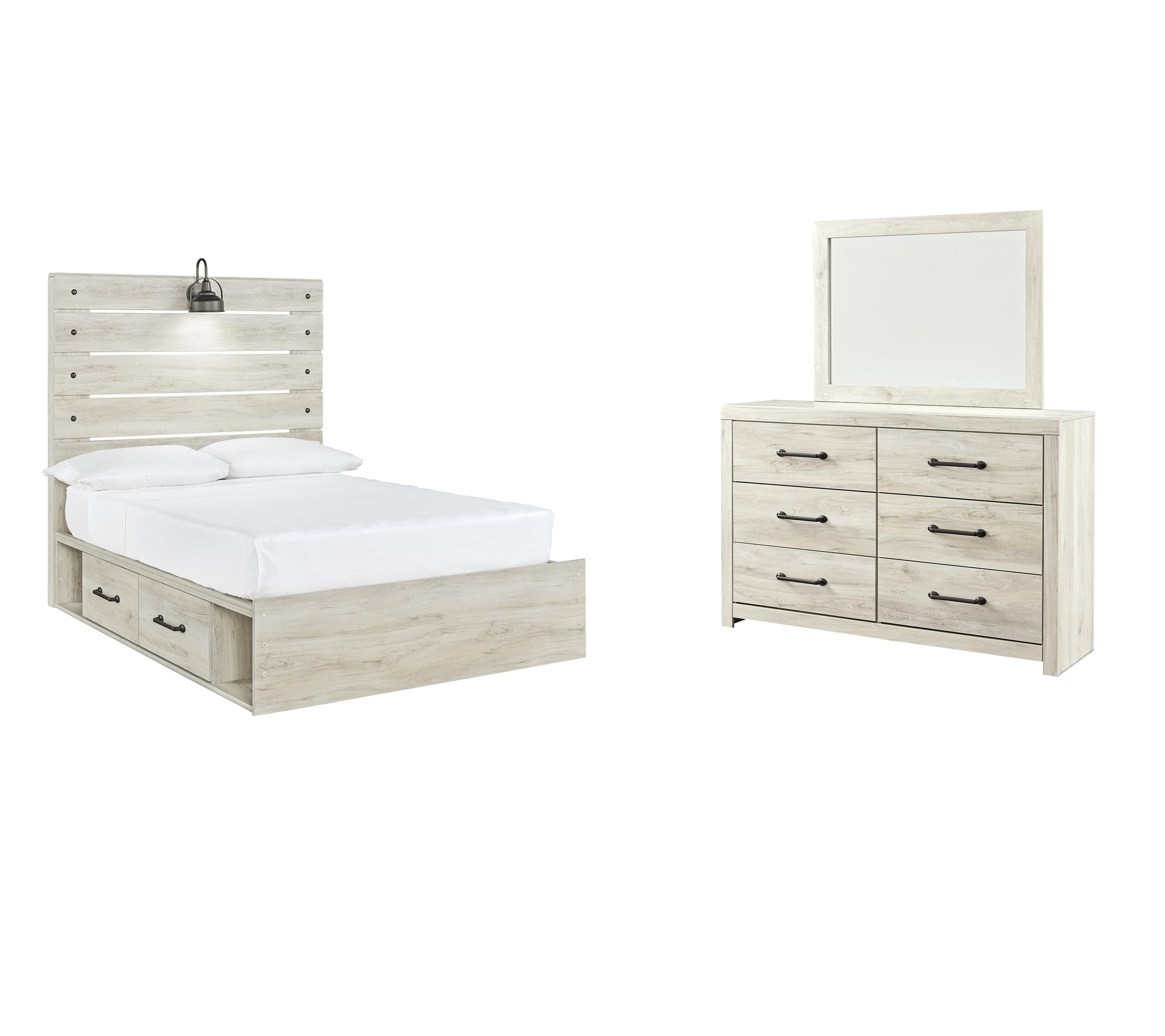 Cambeck Panel Bed with 2 Storage Drawers with Mirrored Dresser