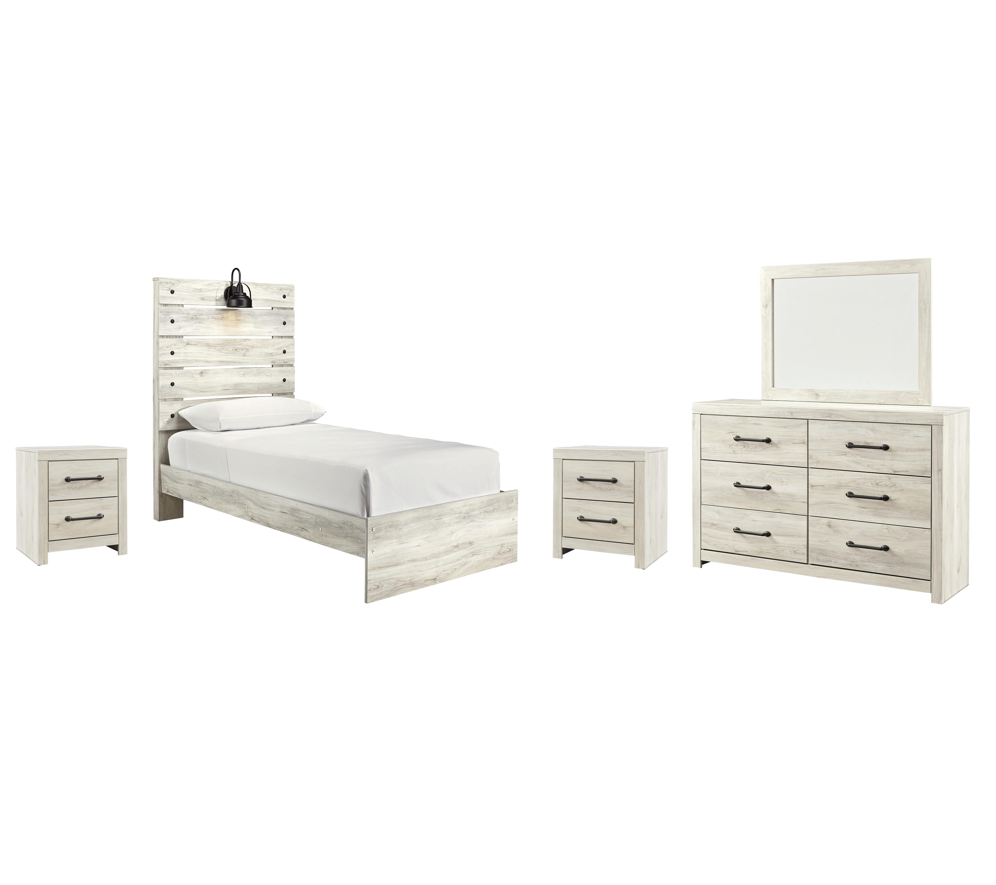 Averly Panel Bed with Mirrored Dresser and 2 Nightstands