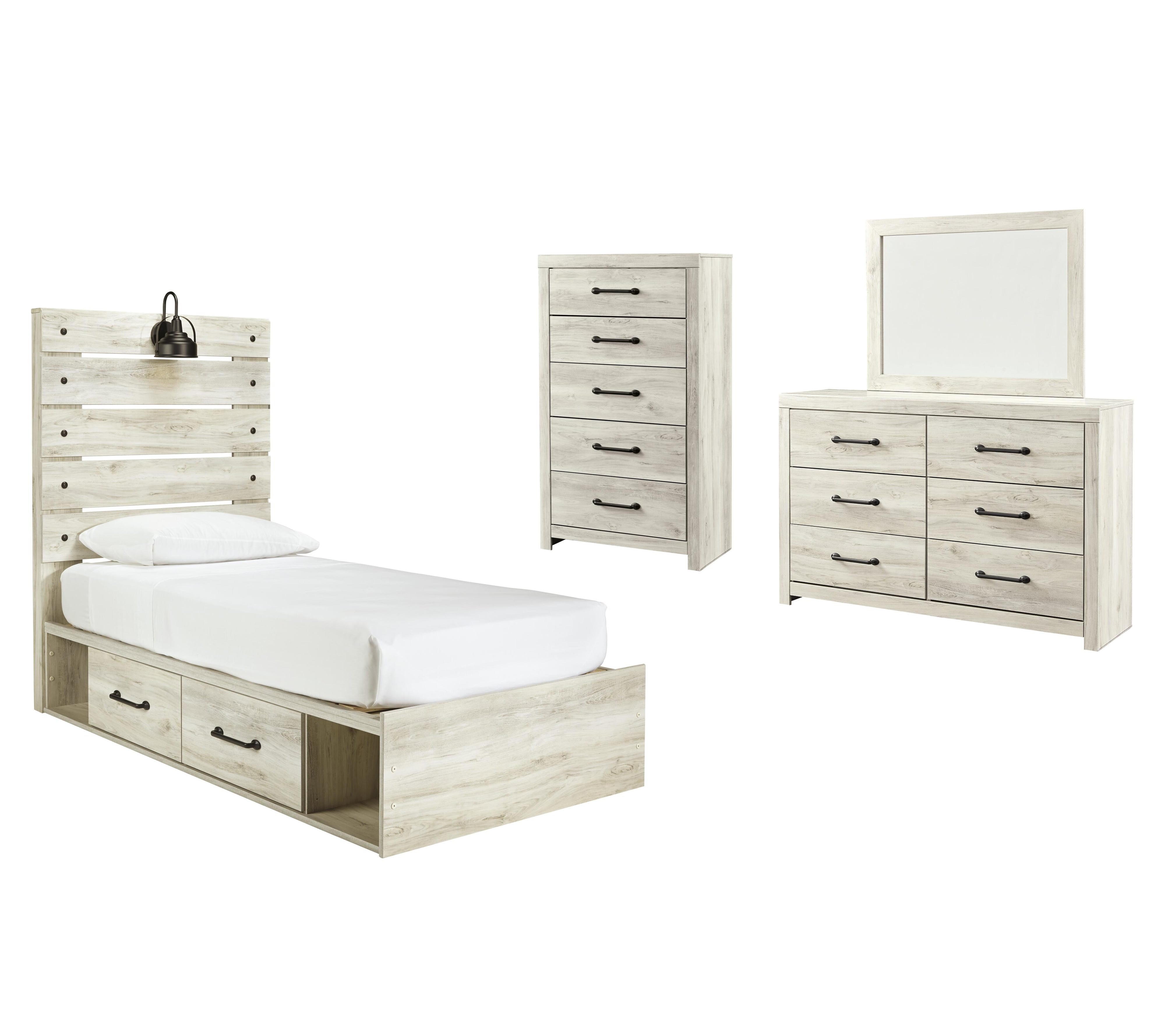 Cambeck Panel Bed with 4 Storage Drawers with Mirrored Dresser and Chest