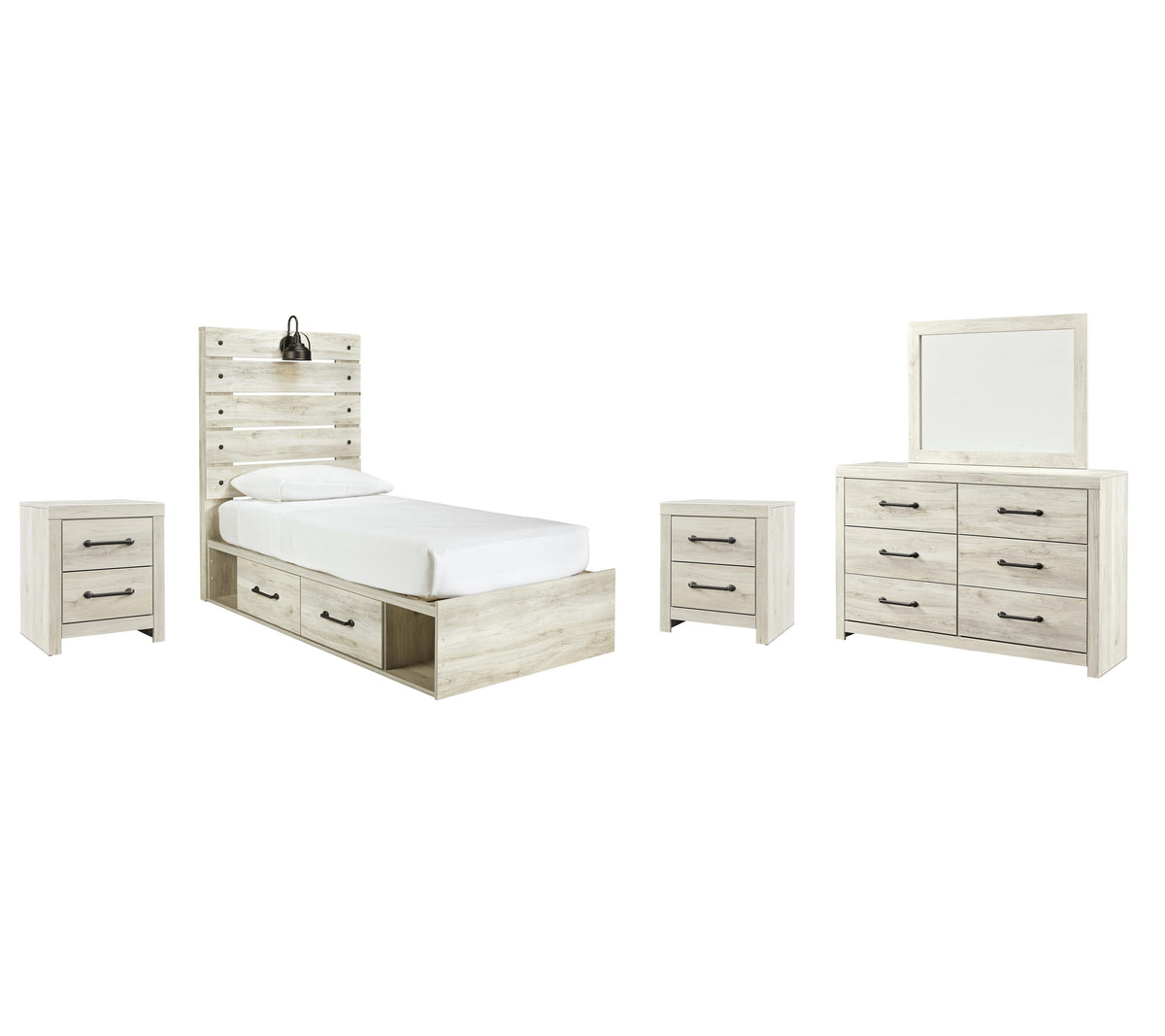 Cambeck Panel Bed with 4 Storage Drawers with Mirrored Dresser and 2 Nightstands