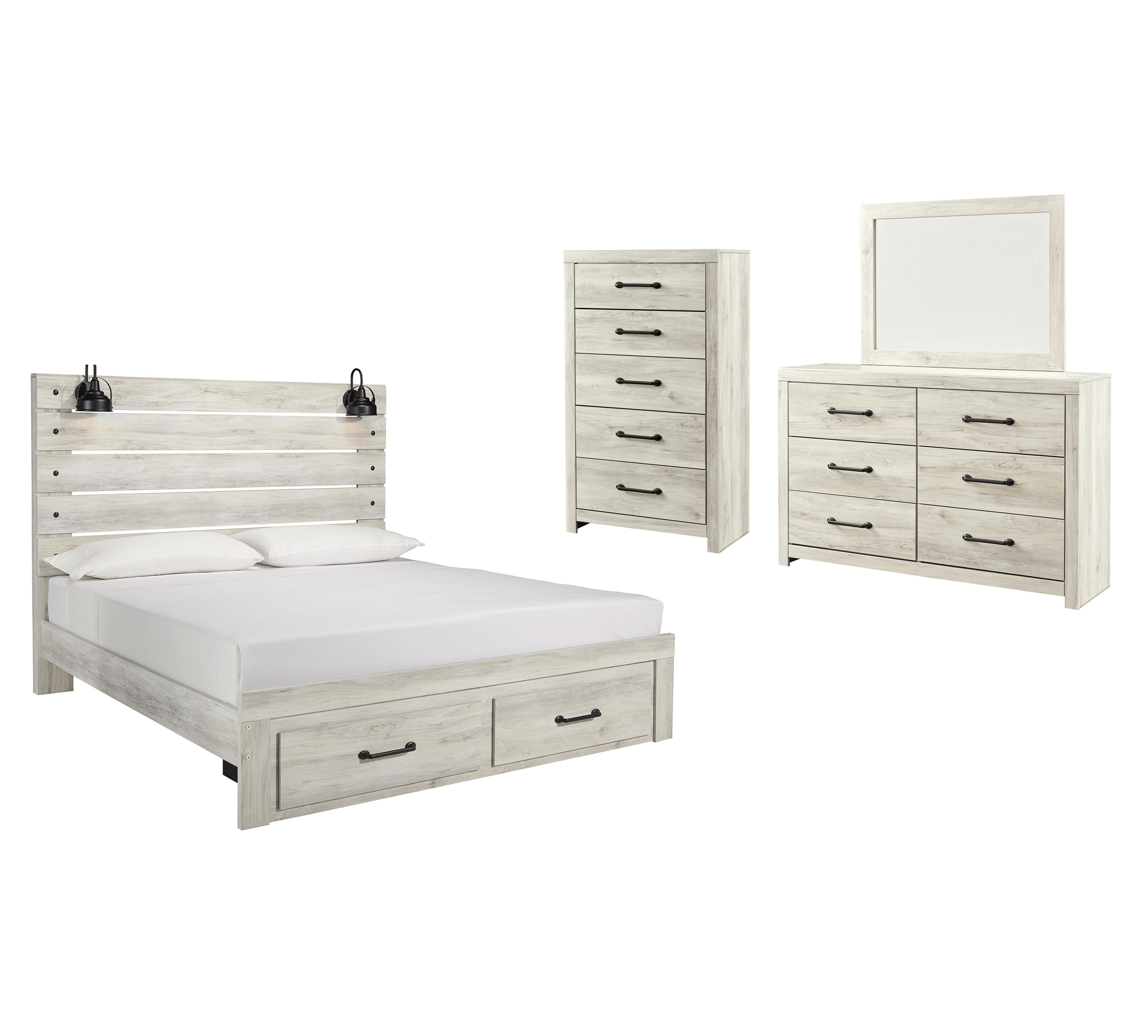 Cambeck Panel Bed with 2 Storage Drawers with Mirrored Dresser and Chest