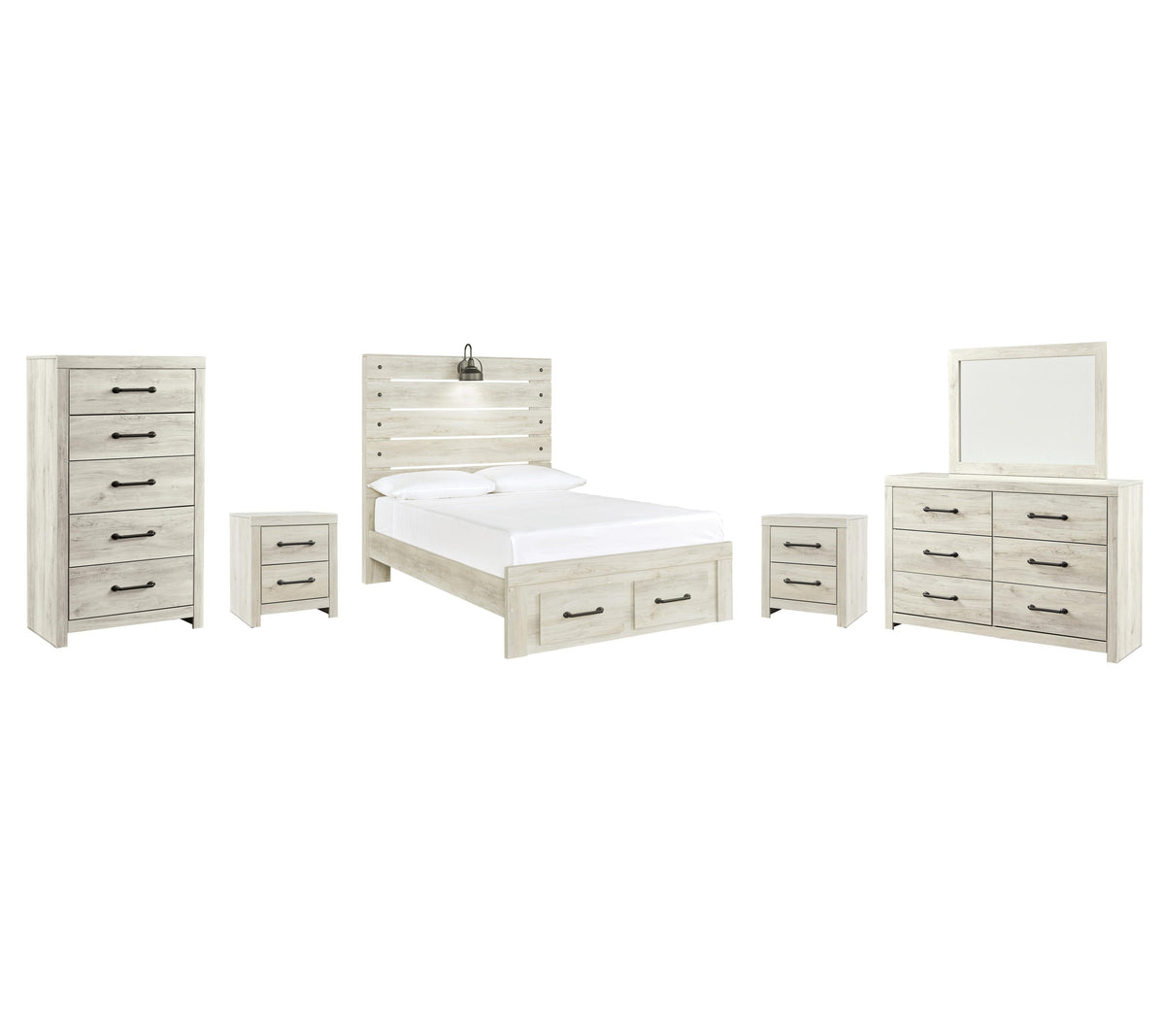 Cambeck Panel Bed with 2 Storage Drawers with Mirrored Dresser, Chest and 2 Nightstands