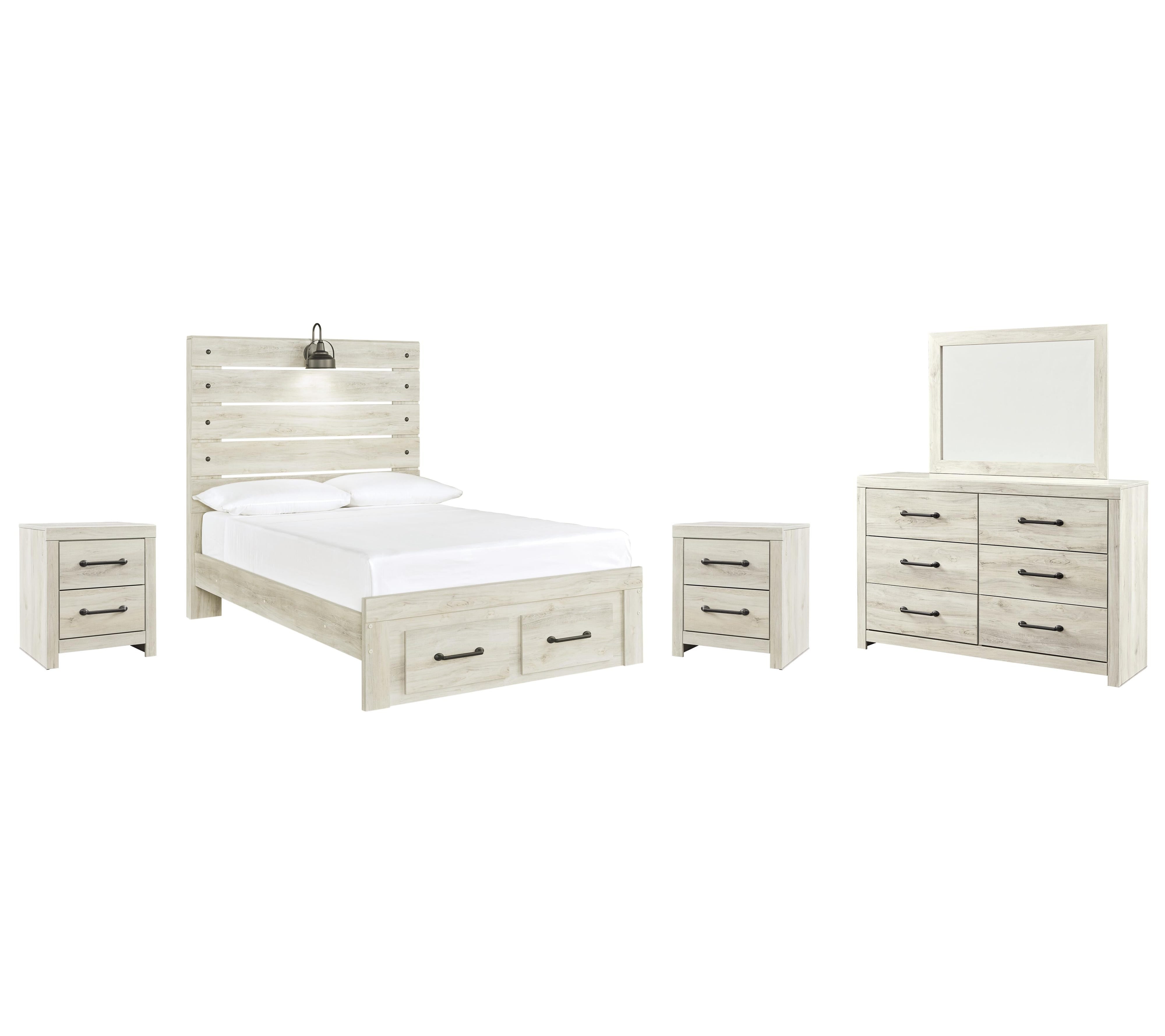 Cambeck Panel Bed with 2 Storage Drawers with Mirrored Dresser and 2 Nightstands