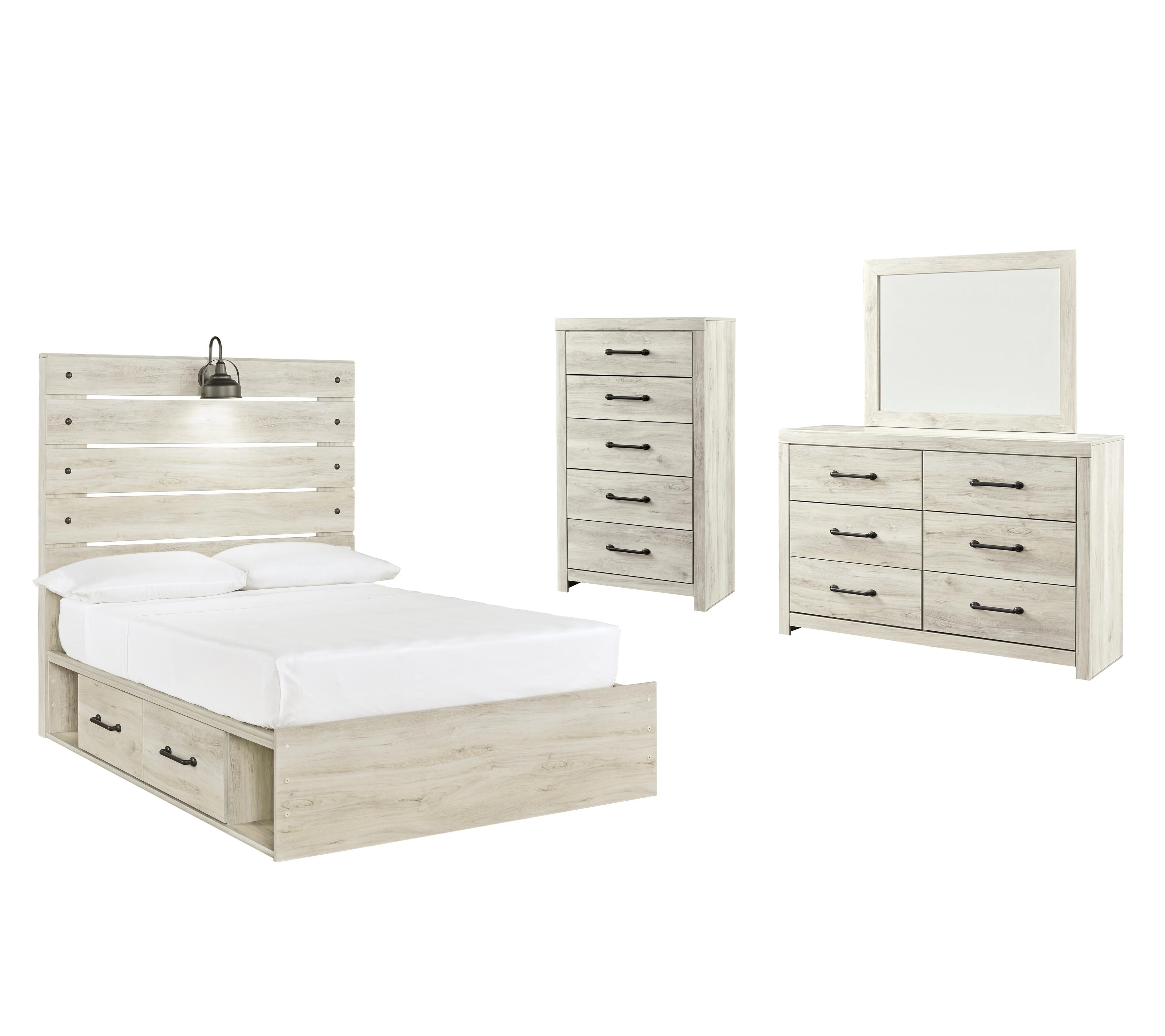 Cambeck Panel Bed with 4 Storage Drawers with Mirrored Dresser and Chest