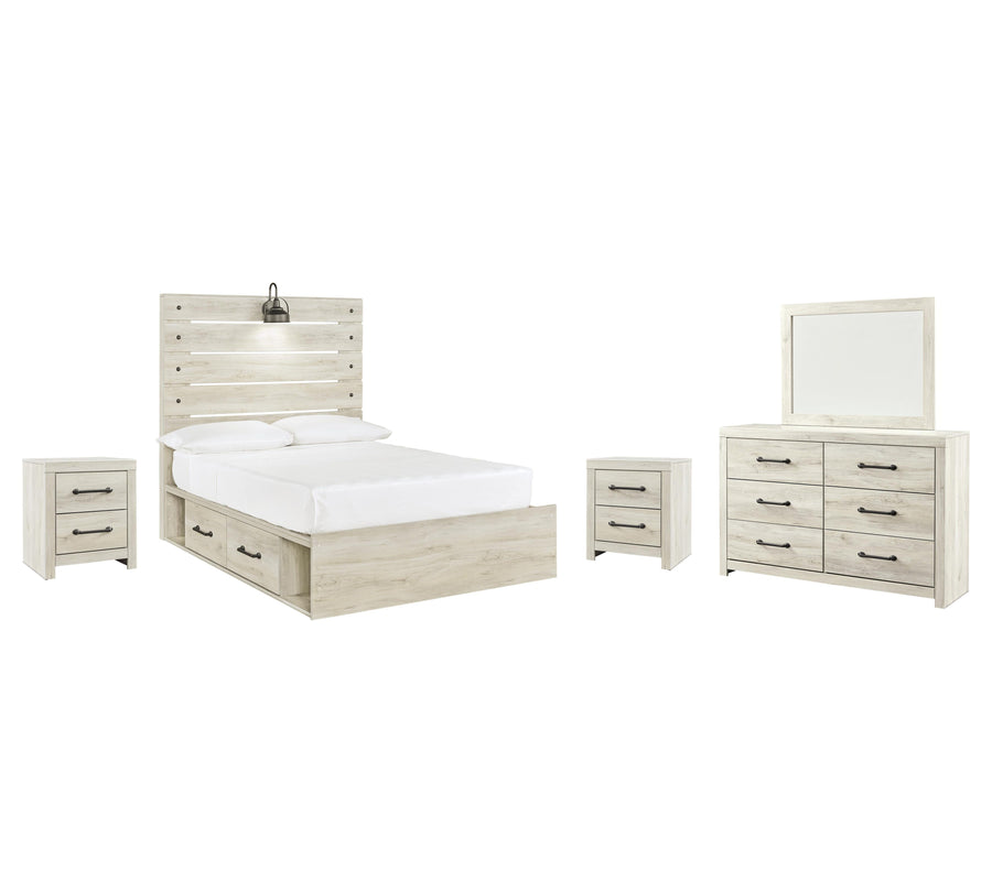 Averly Panel Bed with 4 Storage Drawers with Mirrored Dresser and 2 Nightstands