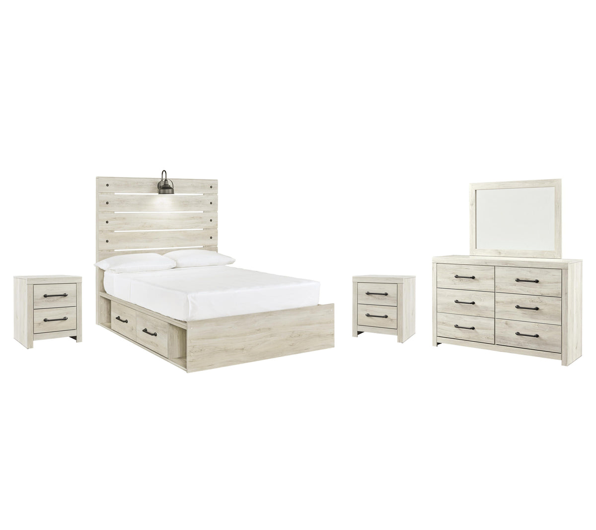 Averly Panel Bed with 4 Storage Drawers with Mirrored Dresser and 2 Nightstands