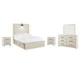 Averly Panel Bed with 4 Storage Drawers with Mirrored Dresser and 2 Nightstands