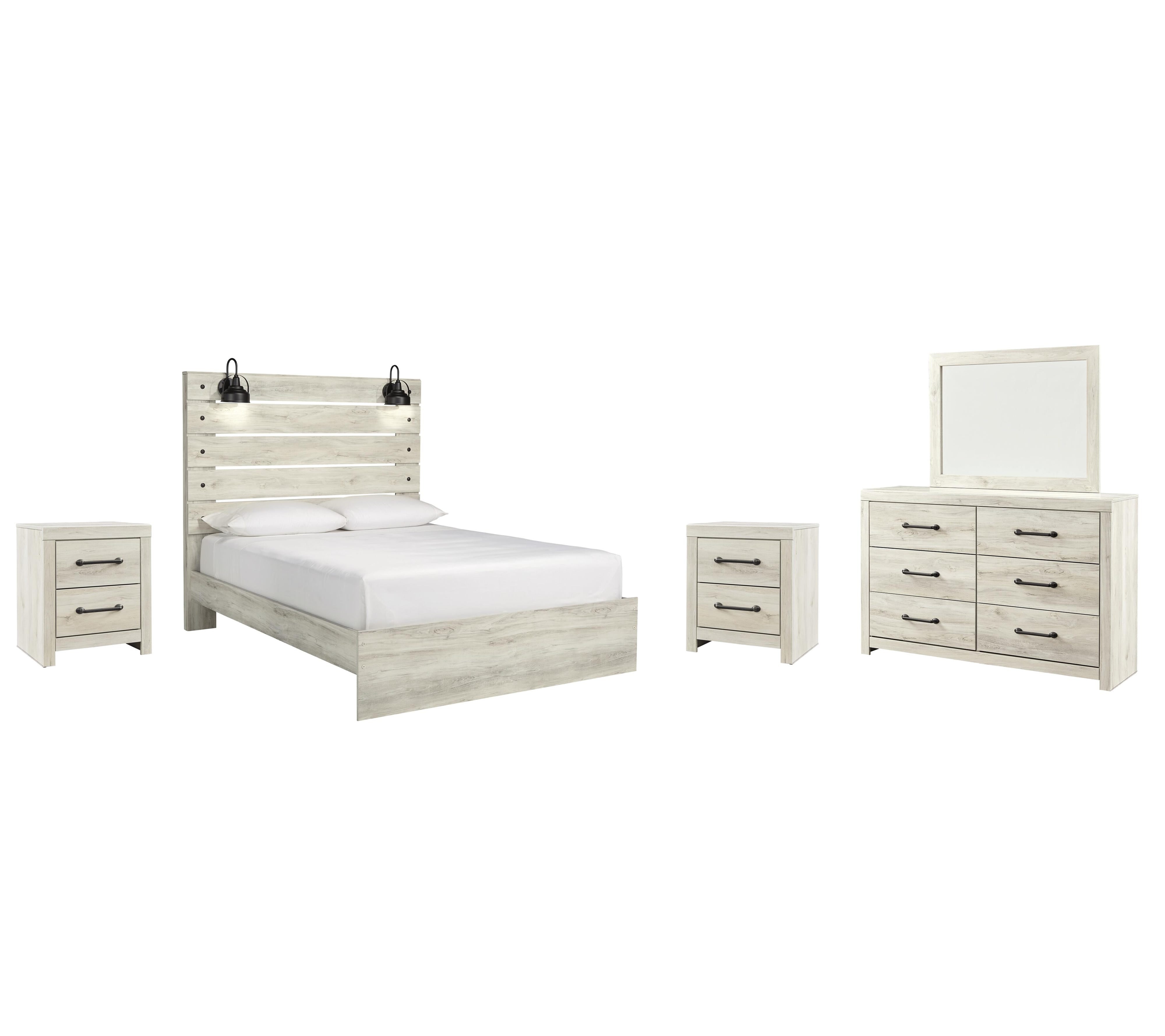Averly Panel Bed with Mirrored Dresser and 2 Nightstands