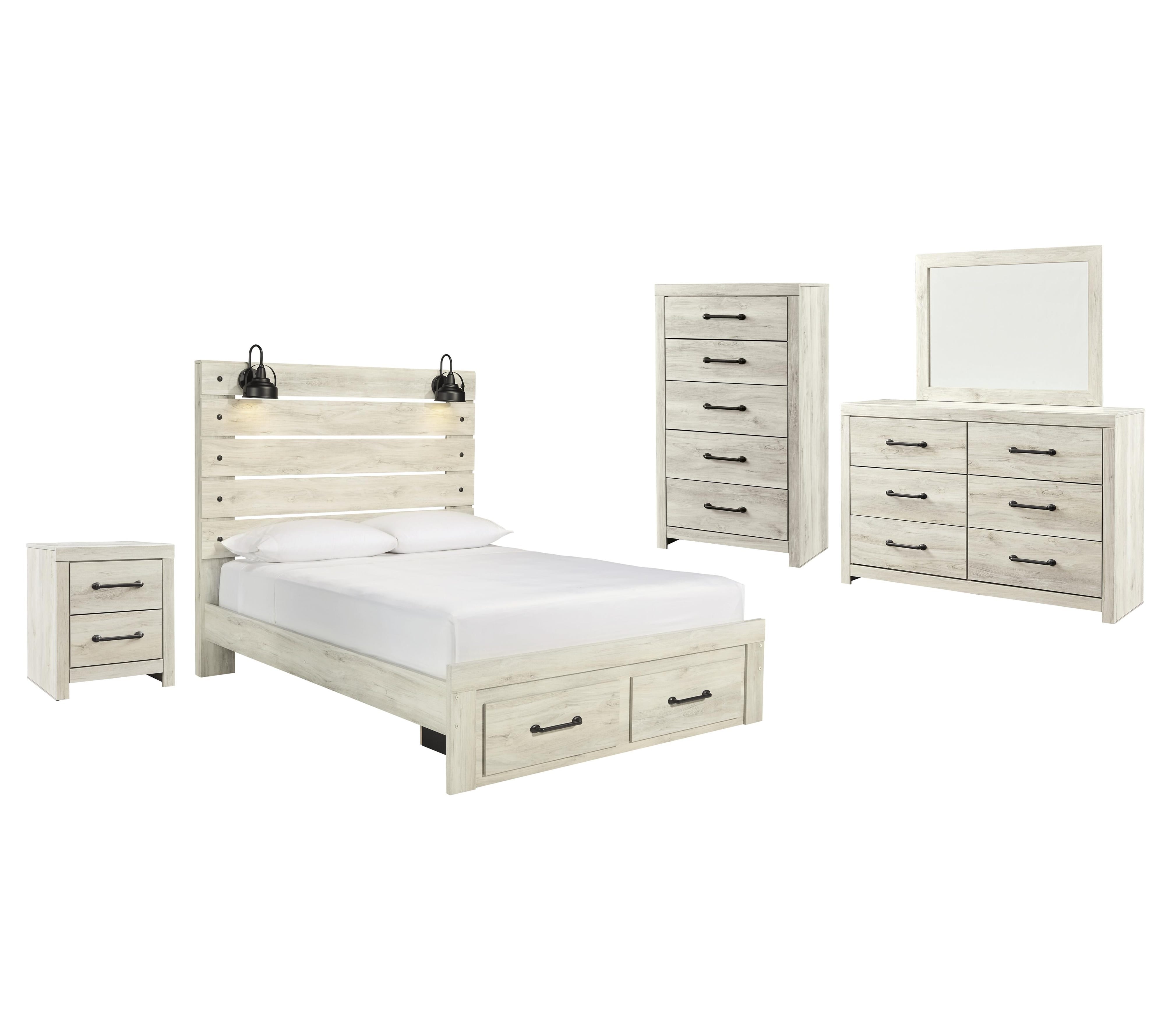 Cambeck Panel Bed with 2 Storage Drawers with Mirrored Dresser, Chest and Nightstand