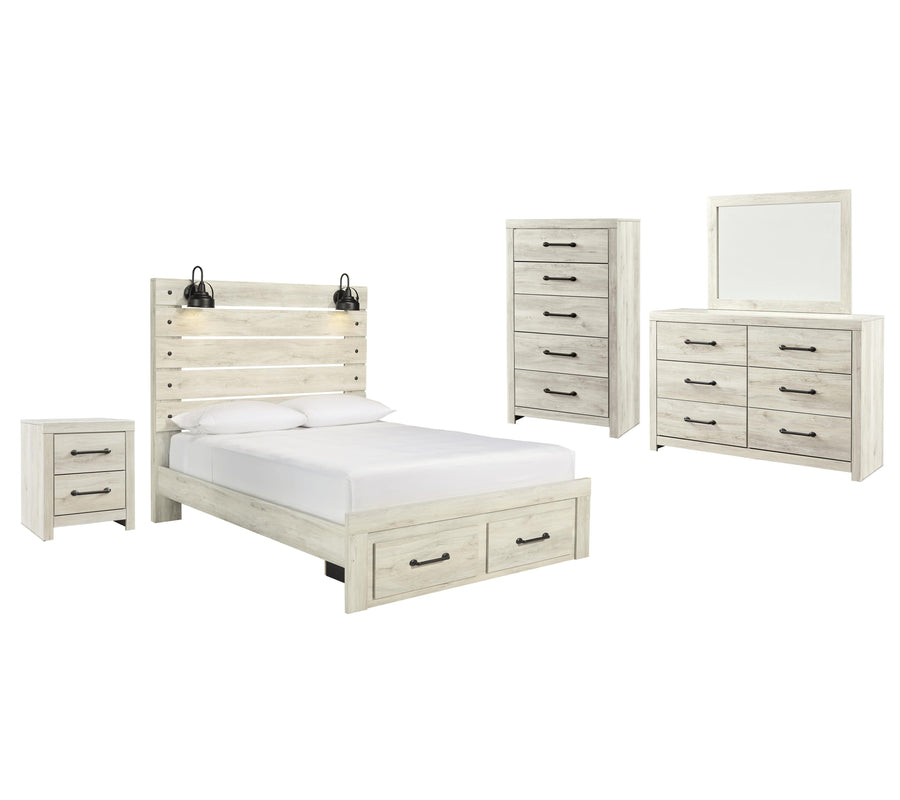 Averly Panel Bed with 2 Storage Drawers with Mirrored Dresser, Chest and Nightstand
