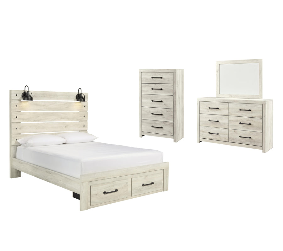 Averly Panel Bed with 2 Storage Drawers with Mirrored Dresser and Chest