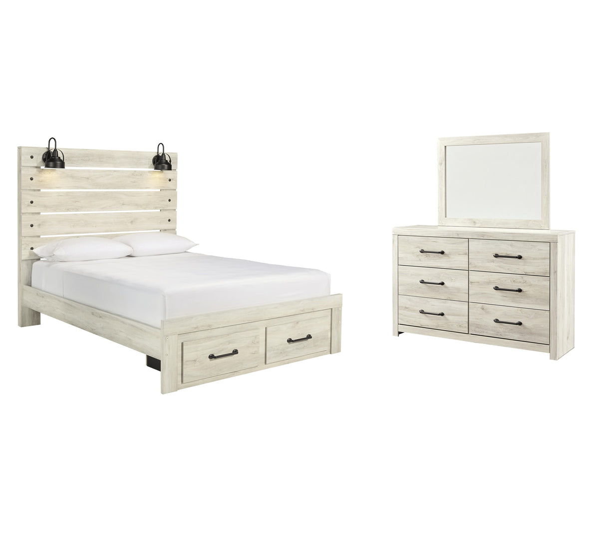 Cambeck Panel Bed with 2 Storage Drawers with Mirrored Dresser