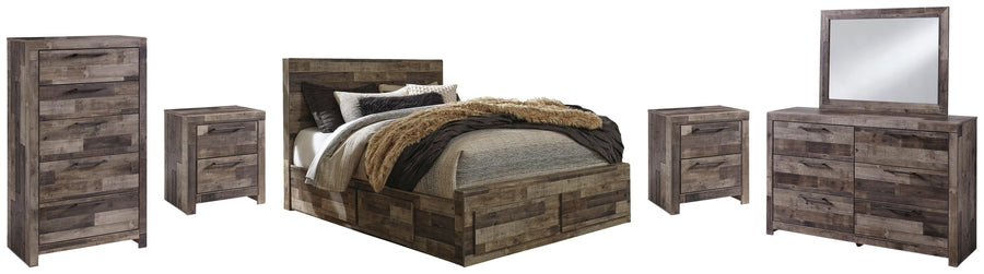 Kensley Panel Bed with 4 Storage Drawers with Mirrored Dresser, Chest and 2 Nightstands