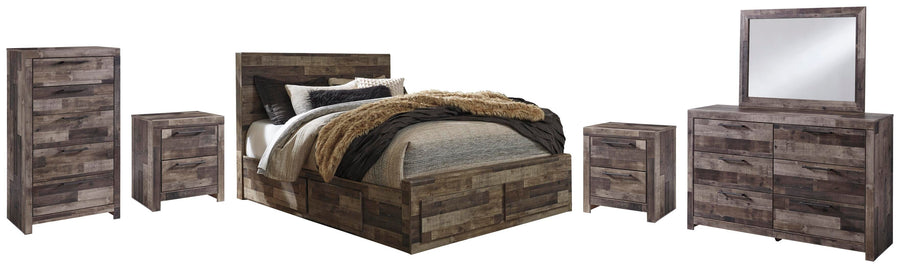 Kensley Panel Bed with 6 Storage Drawers with Mirrored Dresser, Chest and 2 Nightstands