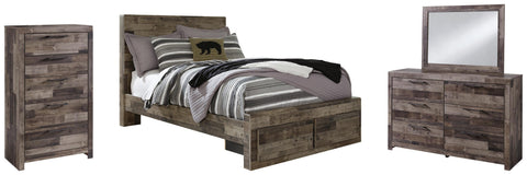 Kensley Panel Bed with 2 Storage Drawers with Mirrored Dresser and Chest