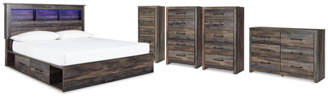 Drystan Bookcase Storage Bed, Dresser, 2 Chests and Narrow Chest