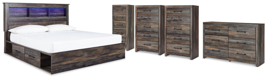Drystan Bookcase Storage Bed, Dresser, 2 Chests and Narrow Chest