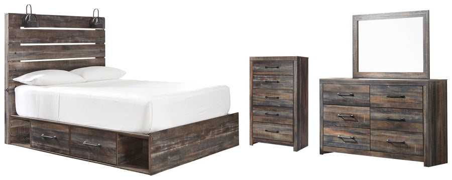 Drystan Panel Bed with 2 Storage Drawers with Mirrored Dresser and Chest