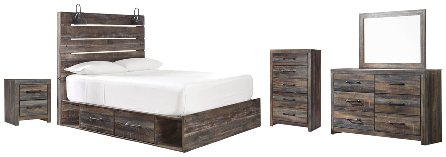 Drystan Panel Bed with 2 Storage Drawers with Mirrored Dresser, Chest and Nightstand