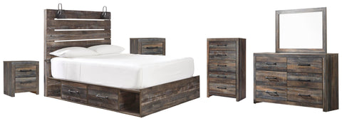 Drystan Panel Bed with 2 Storage Drawers with Mirrored Dresser, Chest and 2 Nightstands