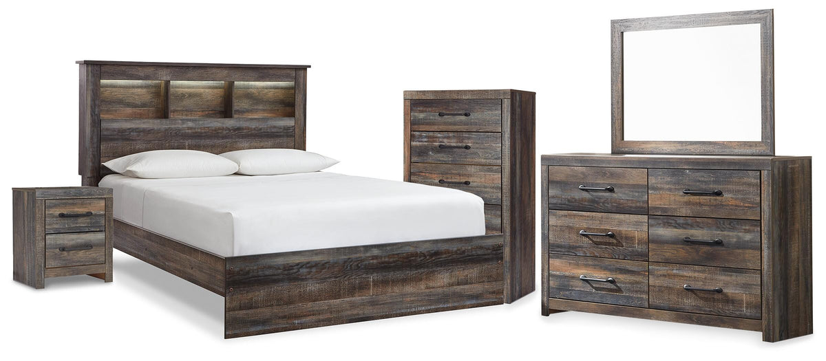 Drystan Bookcase Panel Bed, Dresser, Mirror Chest and Nightstand