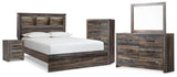 Drystan Bookcase Panel Bed, Dresser, Mirror Chest and Nightstand