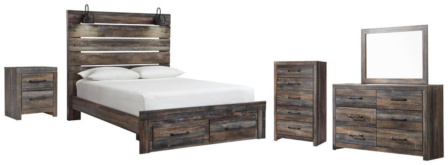 Drystan Panel Bed with 2 Storage Drawers with Mirrored Dresser, Chest and Nightstand