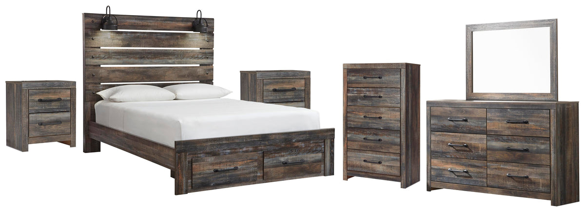 Drystan Panel Storage Bed, Dresser, Mirror, Chest and 2 Nightstands
