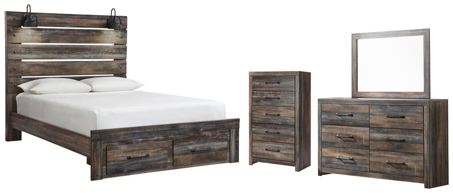 Drystan Panel Bed with 2 Storage Drawers with Mirrored Dresser and Chest