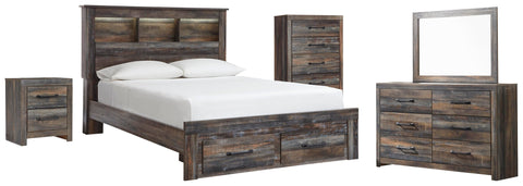 Drystan Bookcase Bed with 2 Storage Drawers with Mirrored Dresser, Chest and Nightstand