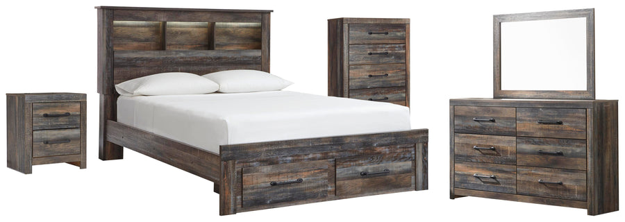 Drystan Bookcase Bed with 2 Storage Drawers with Mirrored Dresser, Chest and Nightstand
