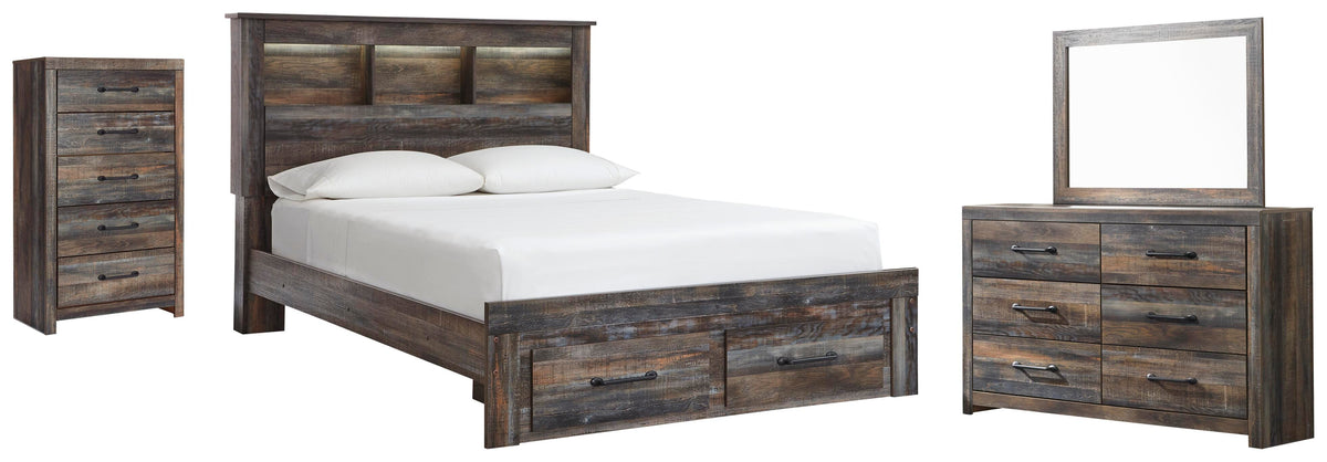 Drystan Bookcase Bed with 2 Storage Drawers with Mirrored Dresser and Chest