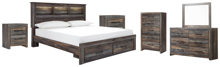 Drystan Bookcase Bed with 2 Storage Drawers with Mirrored Dresser, Chest and 2 Nightstands
