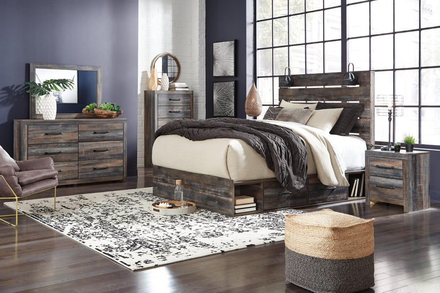 Drystan Panel Bed with 2 Storage Drawers with Mirrored Dresser and Nightstand