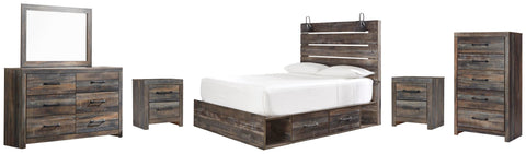 Drystan Panel Bed with 4 Storage Drawers with Mirrored Dresser, Chest and 2 Nightstands