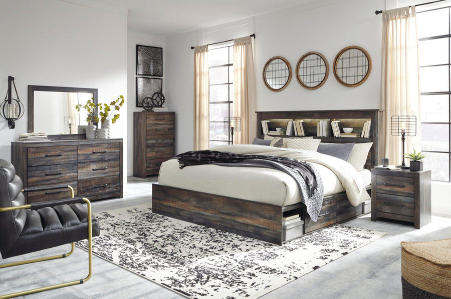Drystan Bookcase Bed with 4 Storage Drawers with Mirrored Dresser, Chest and 2 Nightstands