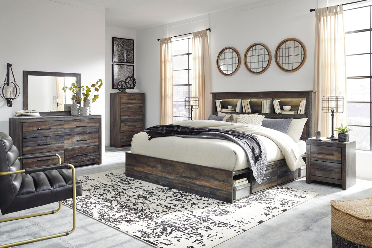 Drystan Bookcase Bed with 4 Storage Drawers with Mirrored Dresser, Chest and 2 Nightstands