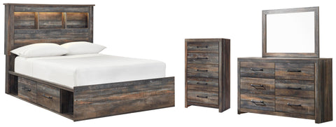 Drystan Bookcase Bed with 2 Storage Drawers, Dresser, Mirror and Chest